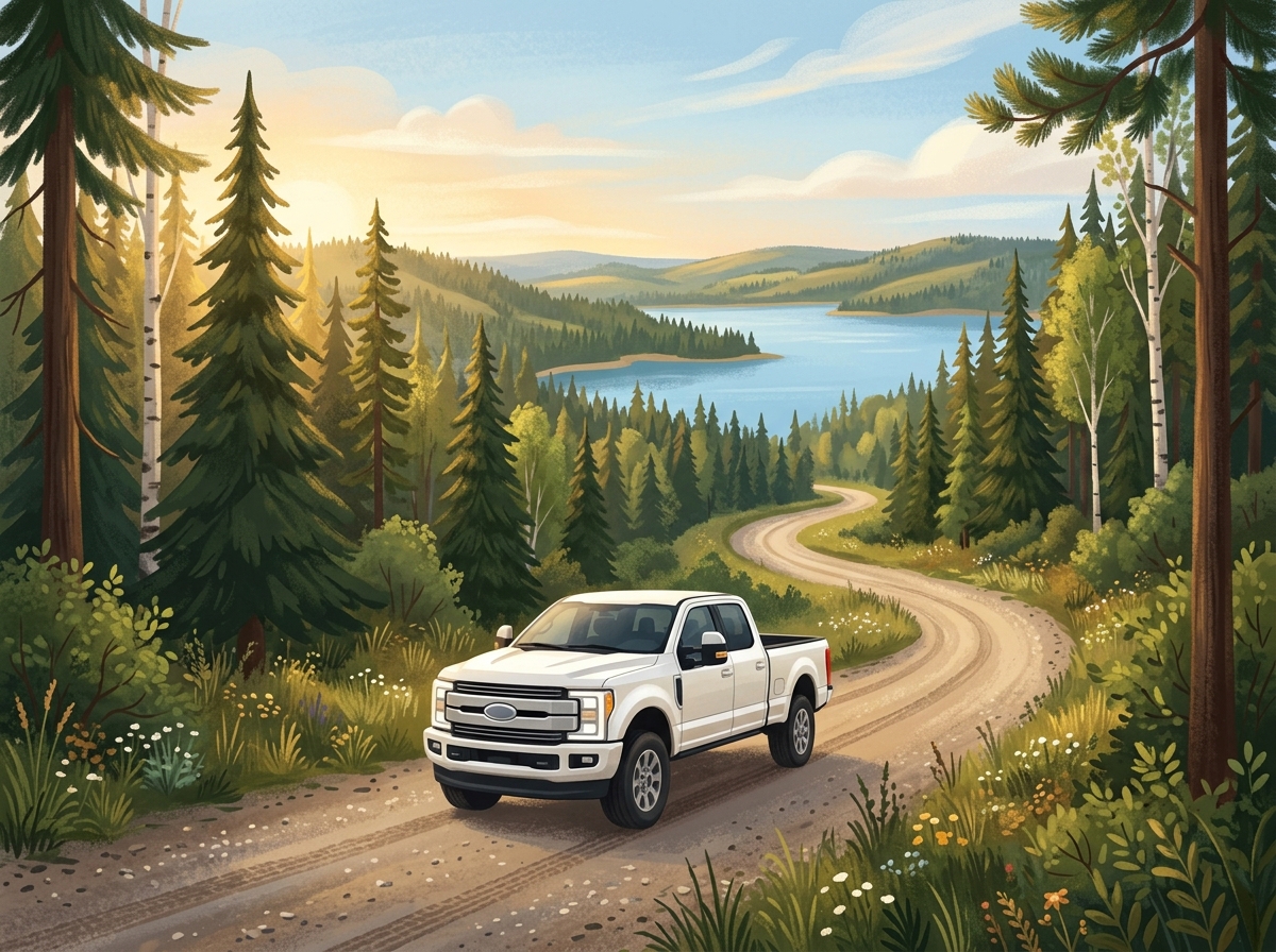 Illustration of a white Ford F-250 pickup on a country road through the pines near a lake