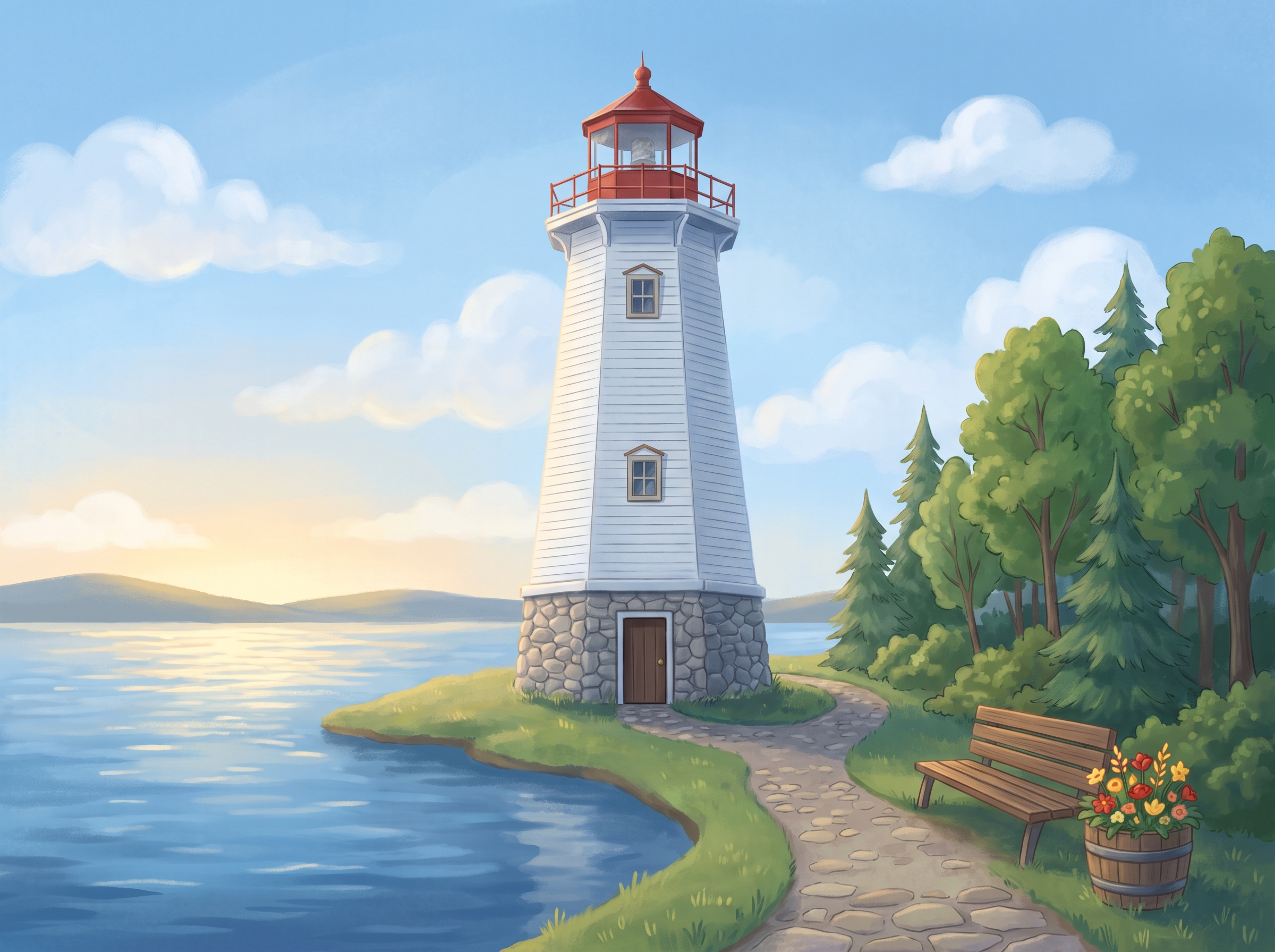 Illustration of the Sylvan Lake lighthouse on the lakeside walking path at sunrise
